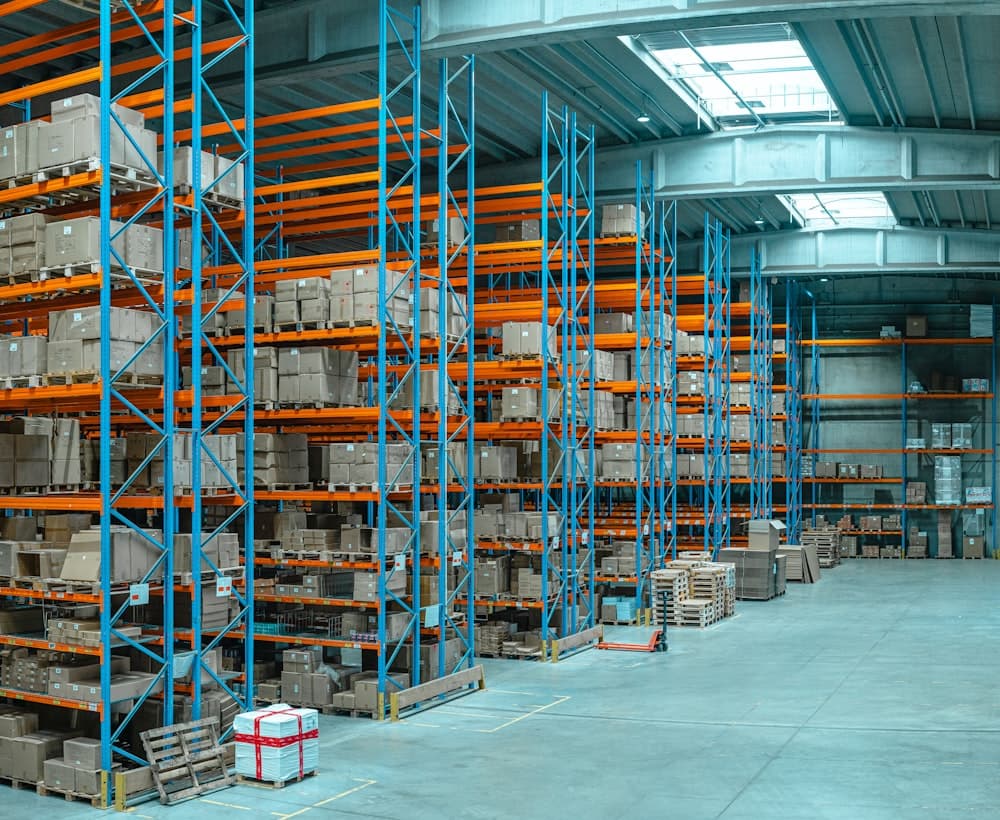 Organized inventory racks inside the RitePrep warehouse