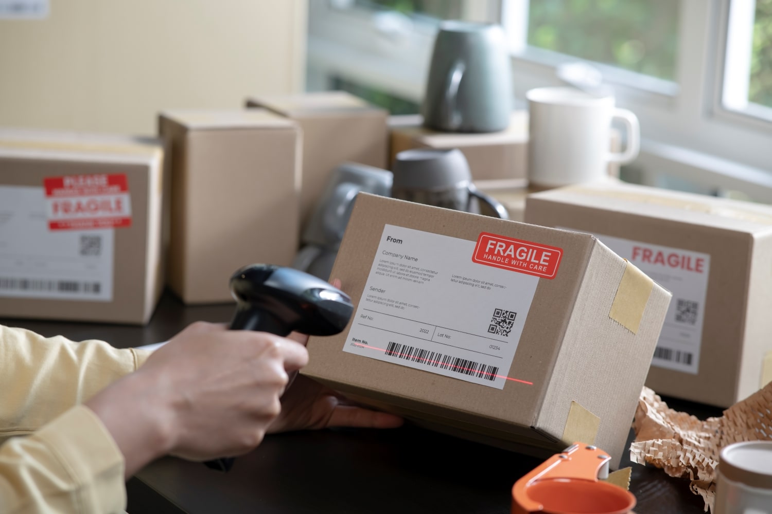 Ecommerce seller scanning and packing orders by hand at home