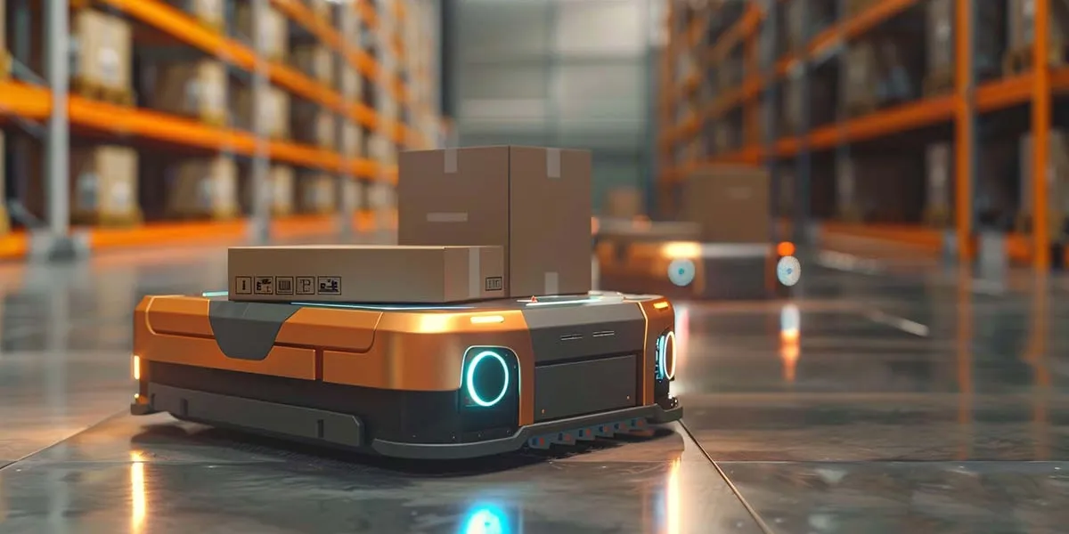 an-autonomous-mobile-robot-amr-transports-two-boxes-down-a-warehouse-aisle-in-between-racks